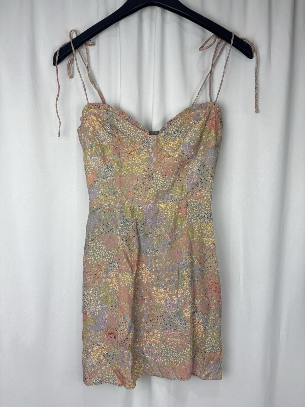 Aritzia Wilfred Fable Floral Sweetheart Ruffled Multicolor Crepe Mini Dress Sz 0